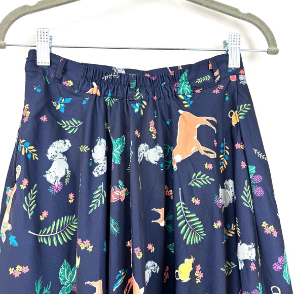 MODCLOTH Sz S Flare Navy Midi Skirt Squirrel Deer Forest Animals Print w/Pockets - Picture 6 of 12